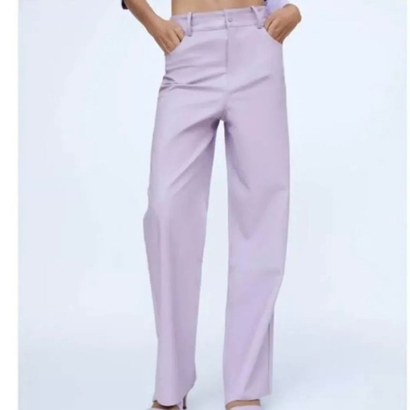 Zara Pants - Zara High Waisted Lilac Faux Leather Trousers M Raw Hem 30x30 Hipster Skate‎ Emo